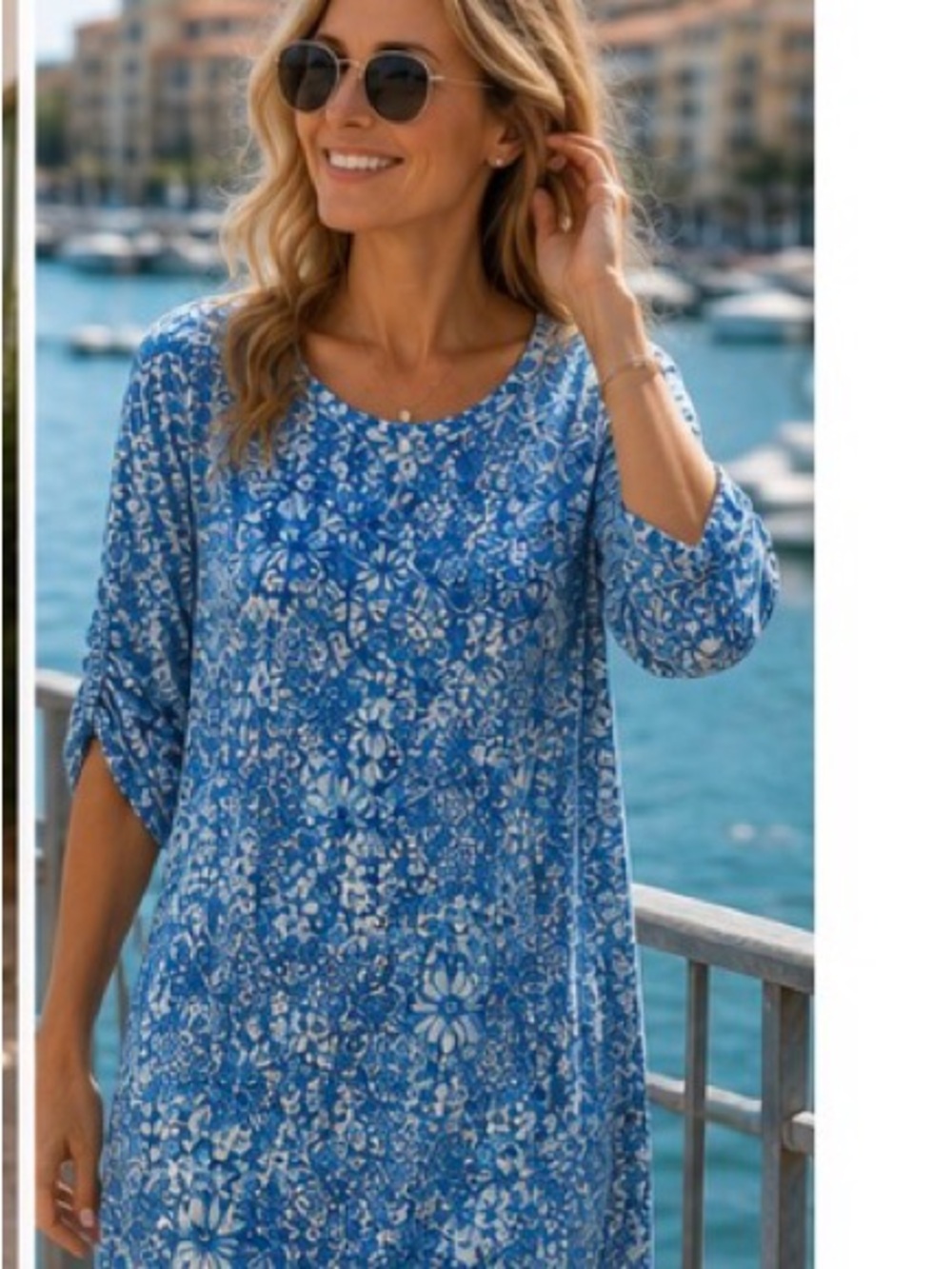 Lilly Pulitzer Blue‎ Floral Pima Cotton Ruched Sleeve Dress Medium